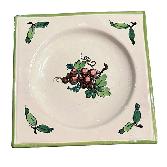 Vintage Handmade Square Italian Salad Fruit Plate Rustic Grapes 8” Farmhouse - Picture 1 of 4